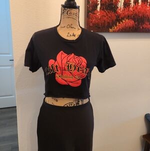 Black Crop Top with Red Rose Graphic